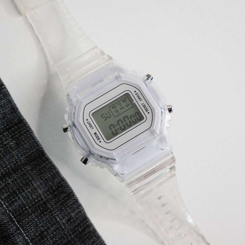 y2k white digital watch w/ transparent band — 2000s retro style